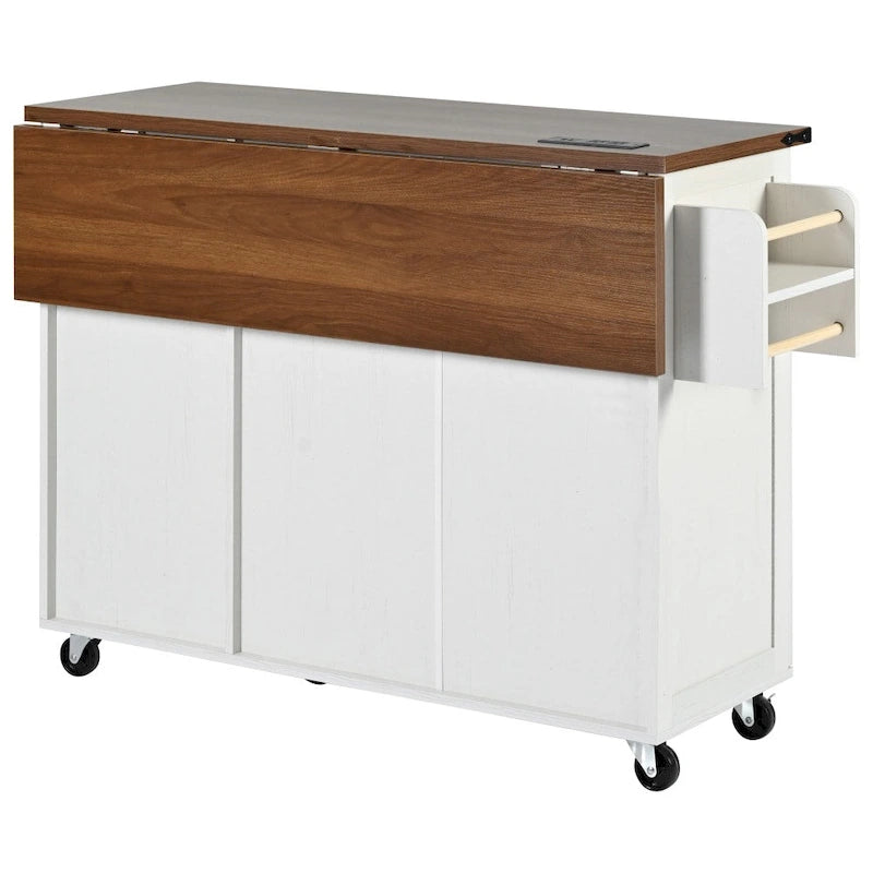 Îlot de cuisine roulant de style ferme noir/blanc avec abattant, 3 tiroirs, portes de grange et prise de courant – 1 pièce