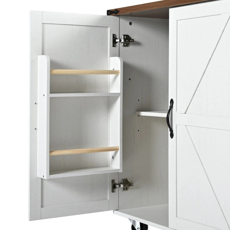 Îlot de cuisine roulant de style ferme noir/blanc avec abattant, 3 tiroirs, portes de grange et prise de courant – 1 pièce