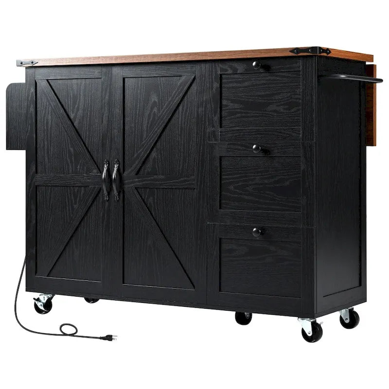 Îlot de cuisine roulant de style ferme noir/blanc avec abattant, 3 tiroirs, portes de grange et prise de courant – 1 pièce