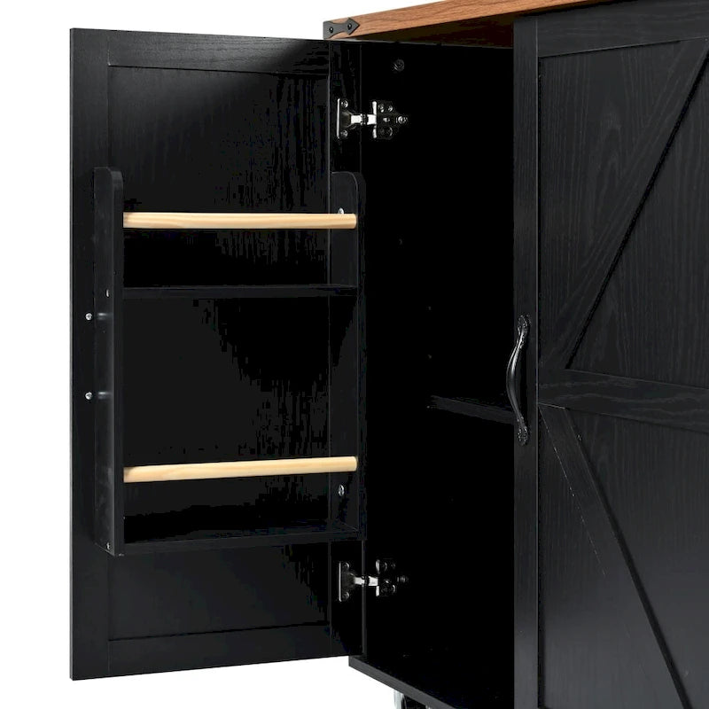 Îlot de cuisine roulant de style ferme noir/blanc avec abattant, 3 tiroirs, portes de grange et prise de courant – 1 pièce