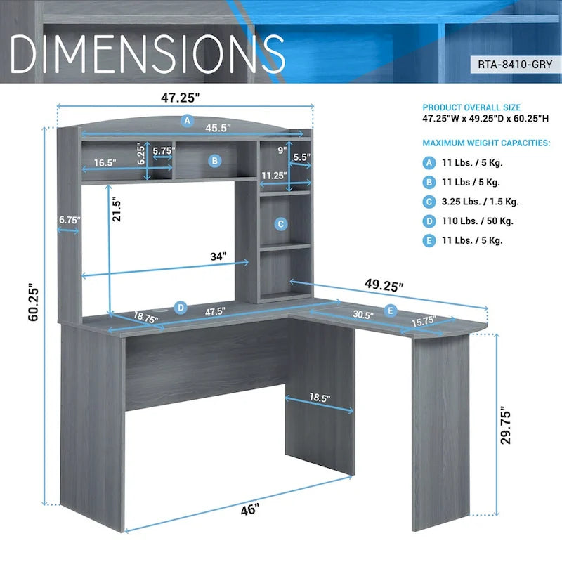 Bureau d'angle en L gris avec huche, 3 étagères verticales et panneau d'intimité