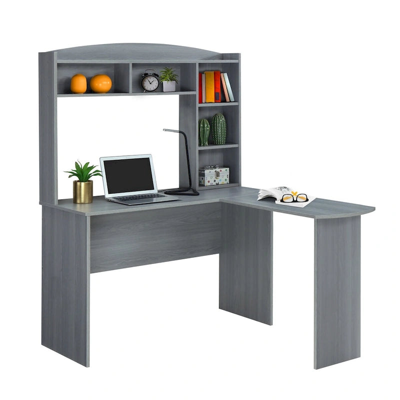 Bureau d'angle en L gris avec huche, 3 étagères verticales et panneau d'intimité