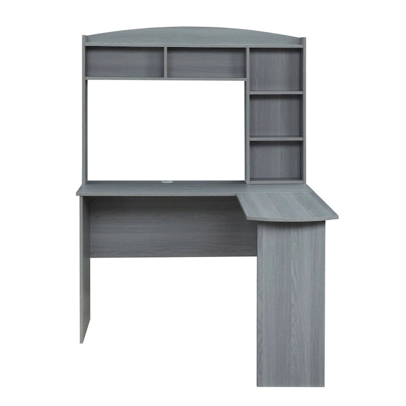 Bureau d'angle en L gris avec huche, 3 étagères verticales et panneau d'intimité