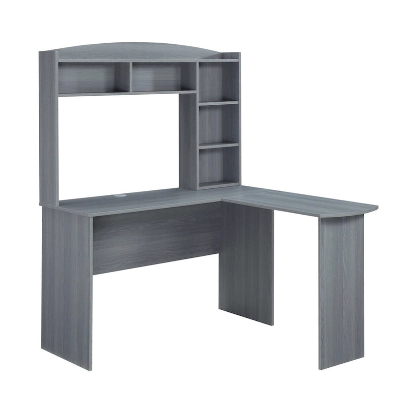 Bureau d'angle en L gris avec huche, 3 étagères verticales et panneau d'intimité