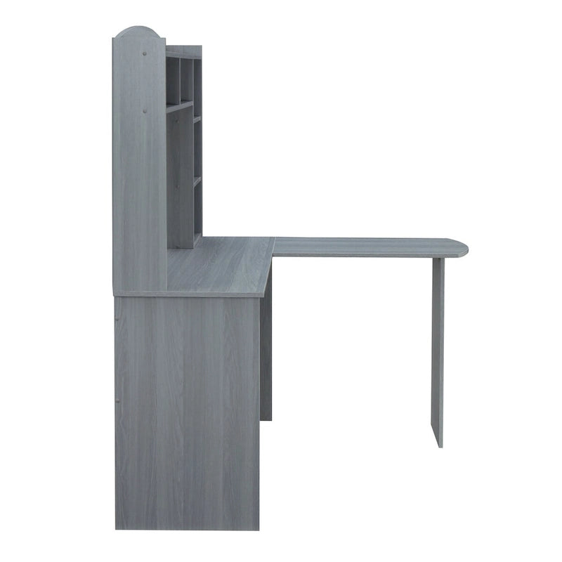 Bureau d'angle en L gris avec huche, 3 étagères verticales et panneau d'intimité