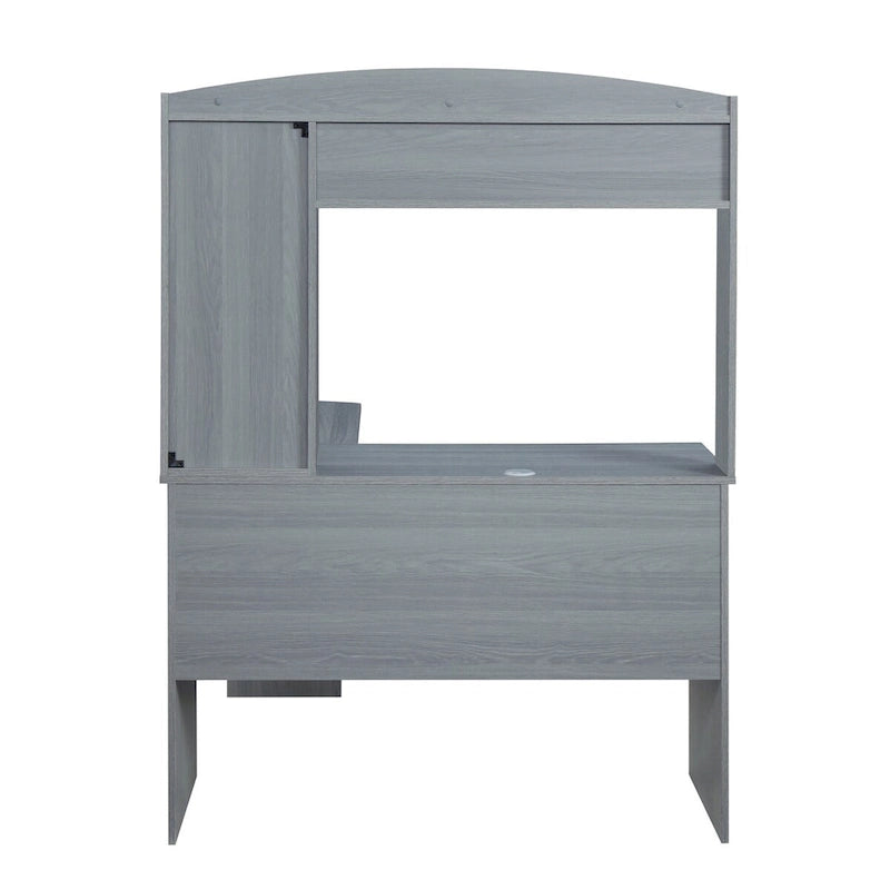 Bureau d'angle en L gris avec huche, 3 étagères verticales et panneau d'intimité