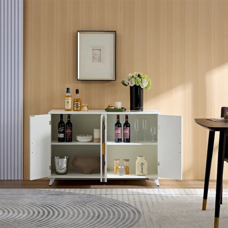 Buffet bahut 4 portes blanc et or avec motif ondulation d'eau et étagères amovibles – 1 pièce