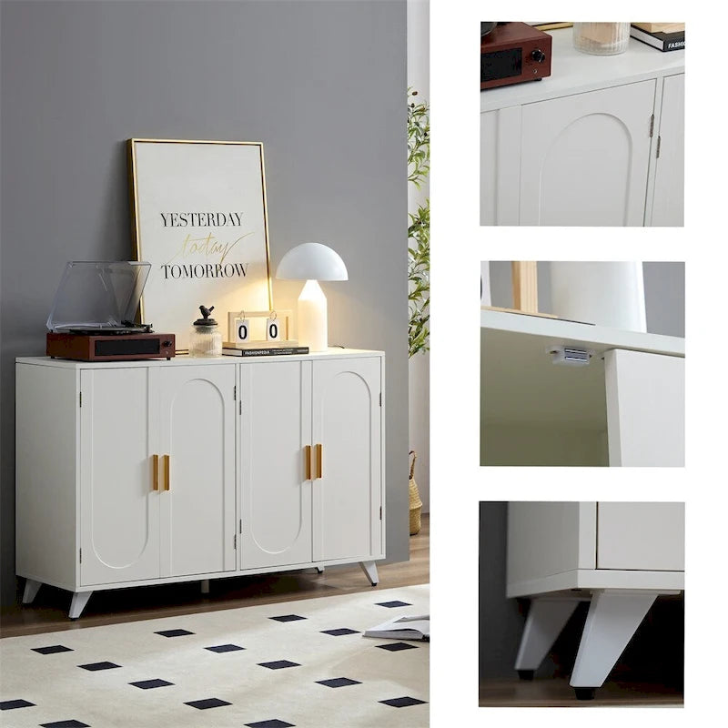 Buffet bahut 4 portes blanc et or avec motif ondulation d'eau et étagères amovibles – 1 pièce