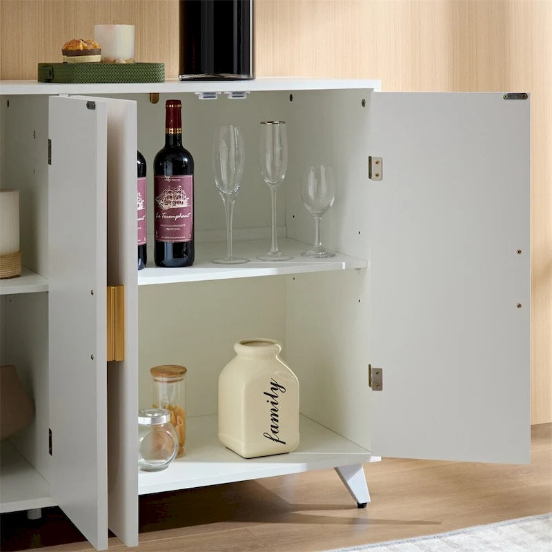 Buffet bahut 4 portes blanc et or avec motif ondulation d'eau et étagères amovibles – 1 pièce