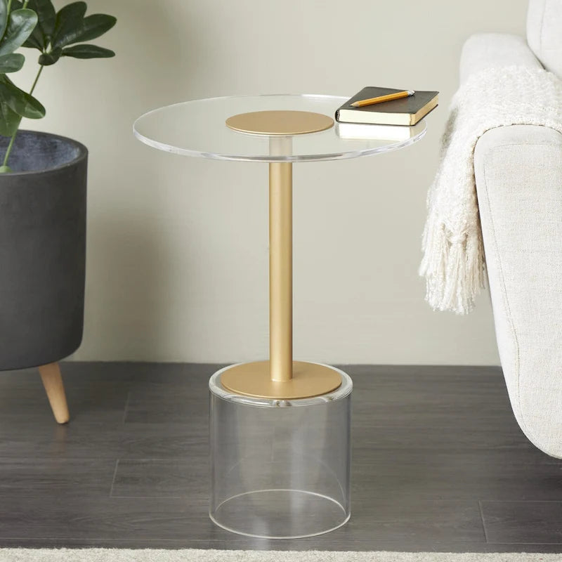 Table d'appoint avec plateau en acrylique transparent ou verre trempé et piètement en métal doré mat