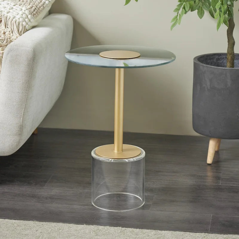 Table d'appoint avec plateau en acrylique transparent ou verre trempé et piètement en métal doré mat